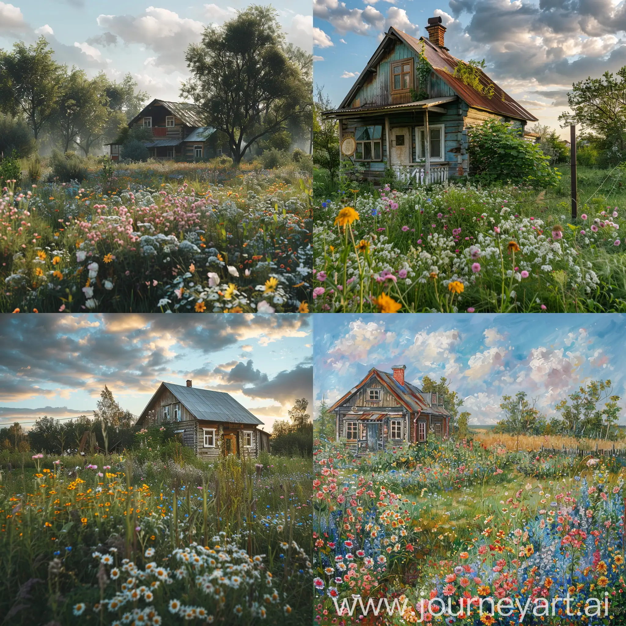 Dacha-in-Nature-Near-Flower-Field-During-Daytime