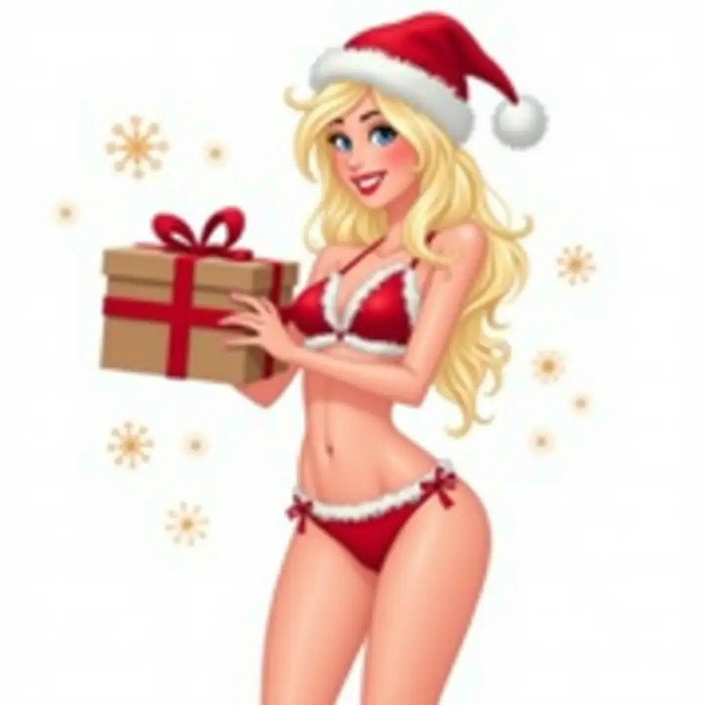 The skinny, flirtatious snow queen with light hair in an interesting flirtatious pose, in a red swimsuit with a white fur bikini top and underwear and a red cap, holds a large craft gift box, smiles, digital illustration, white background, New Year, snowflakes