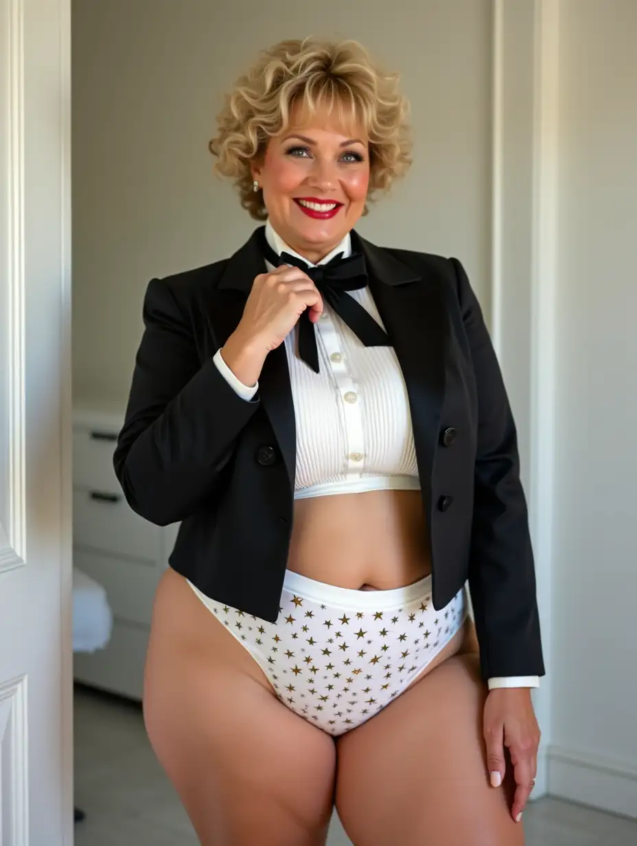 Smiling-Caucasian-Woman-in-Formal-Orchestra-Tuxedo-with-MicroStar-Pattern-in-White-Bedroom