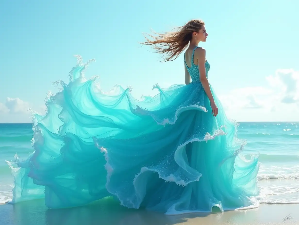 A stunning and surreal image of a girl wearing an intricate aqua dress made entirely of water waves, creating a mesmerizing and visually stunning effect. The girl is shown in a graceful pose on the seashore, and the water appears to flow out in a dramatic fan-like shape. This image can be created using the following vector. Woman in an elaborate aqua dress made entirely of water waves, by Dmitry Kostanovich, Photoshop, Felicia Semyon, UHD image, Ekaterina Panikanova, Shiny and sparkling, HDR, Dynamic mode, 32kb, Sharp focus, Illustration. by Sasan.