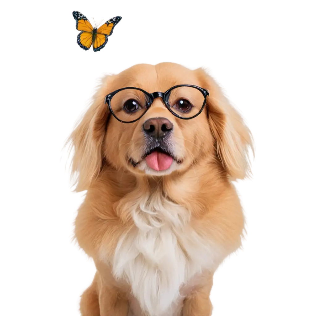 dog wearing oversized glasses, squinting at a colorful butterfly in the garden. The glasses should be comically large, with the dog looking both curious and slightly confused, as if trying to understand why the butterfly is so bright!