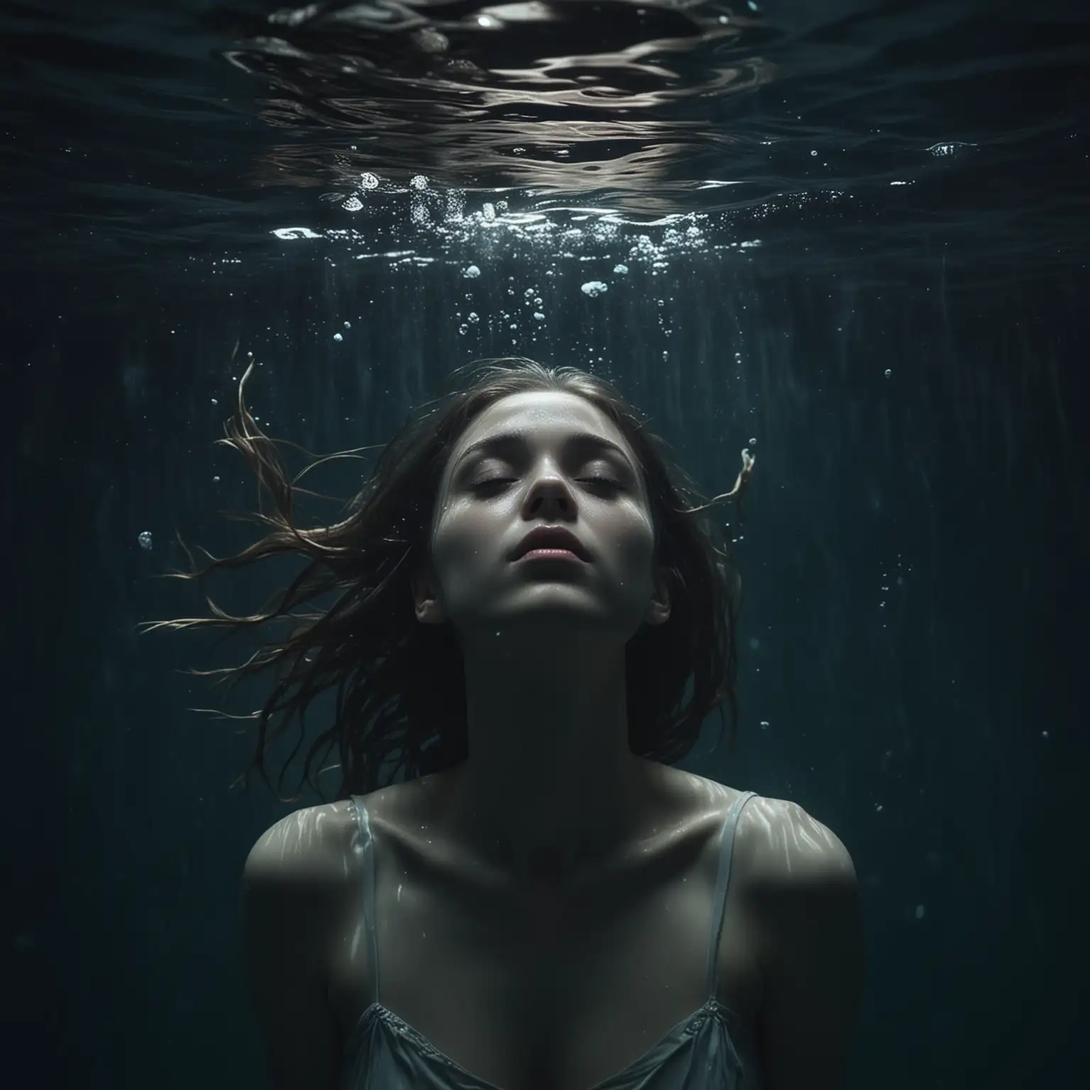 Girl experiencing dark night of soul, aesthetically pleasing, underwater, subtle colors