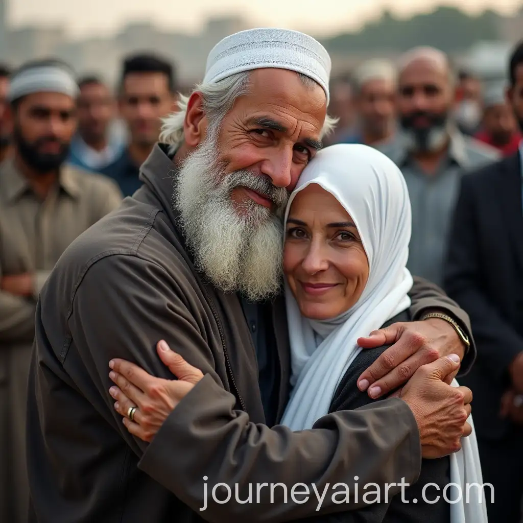 Muslim-Scholar-Embracing-Wife-in-Front-of-Men-Crowd