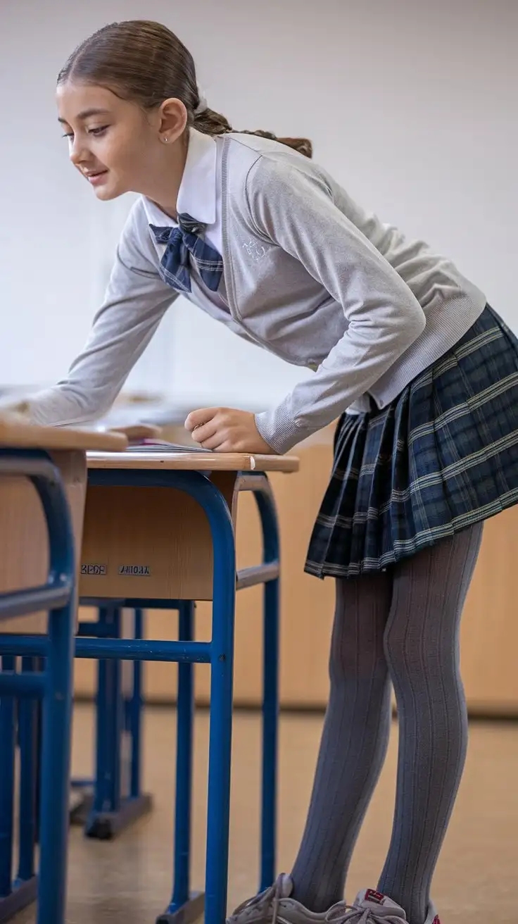 Turkish-Schoolgirl-in-Uniform-Leaning-at-Classroom-Desk