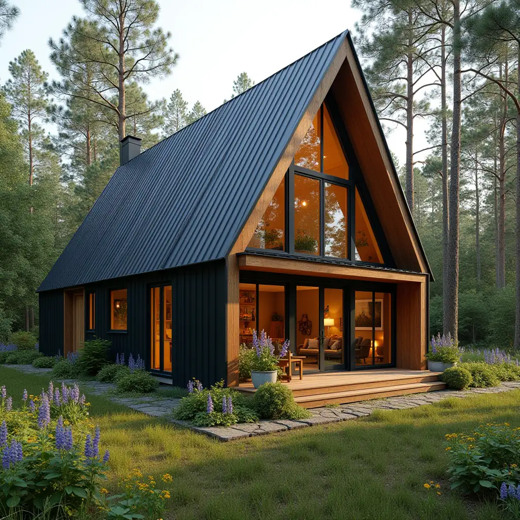 charming tiriangle house clad in wooden black metals and topped with trapezoidal black metal roofing. Huge windows line the sides, flooding the interior with natural light, creating a cozy and inviting atmosphere. The house sits on a serene, wooded lot, surrounded by tall trees and vibrant wildflowers