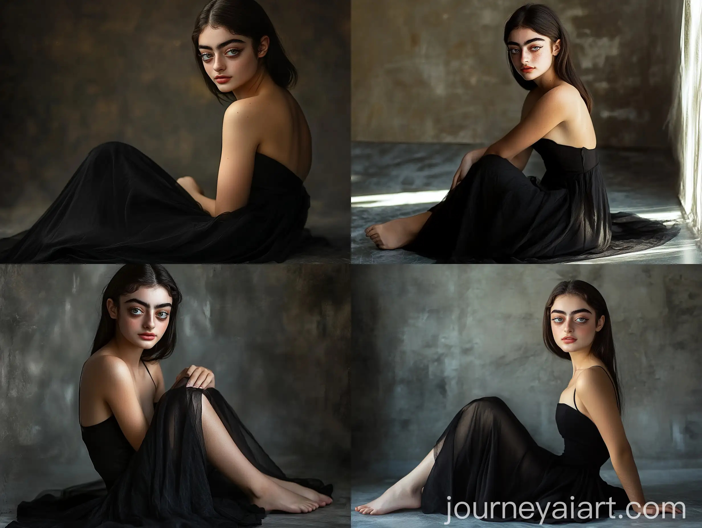 Elegant-Woman-in-Black-Dress-Posing-on-Floor