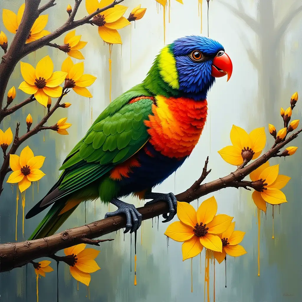 Lorikeet-Perched-on-Branch-with-Yellow-Flowers-in-Abstract-Expressionist-Style