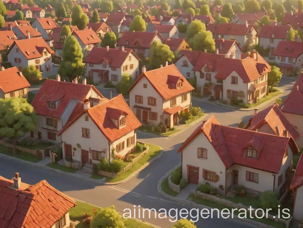 3d animation, cartoon peaceful small town under a soft golden sunset, cozy houses with red roofs, calm empty streets, and gentle trees swaying in the breeze.