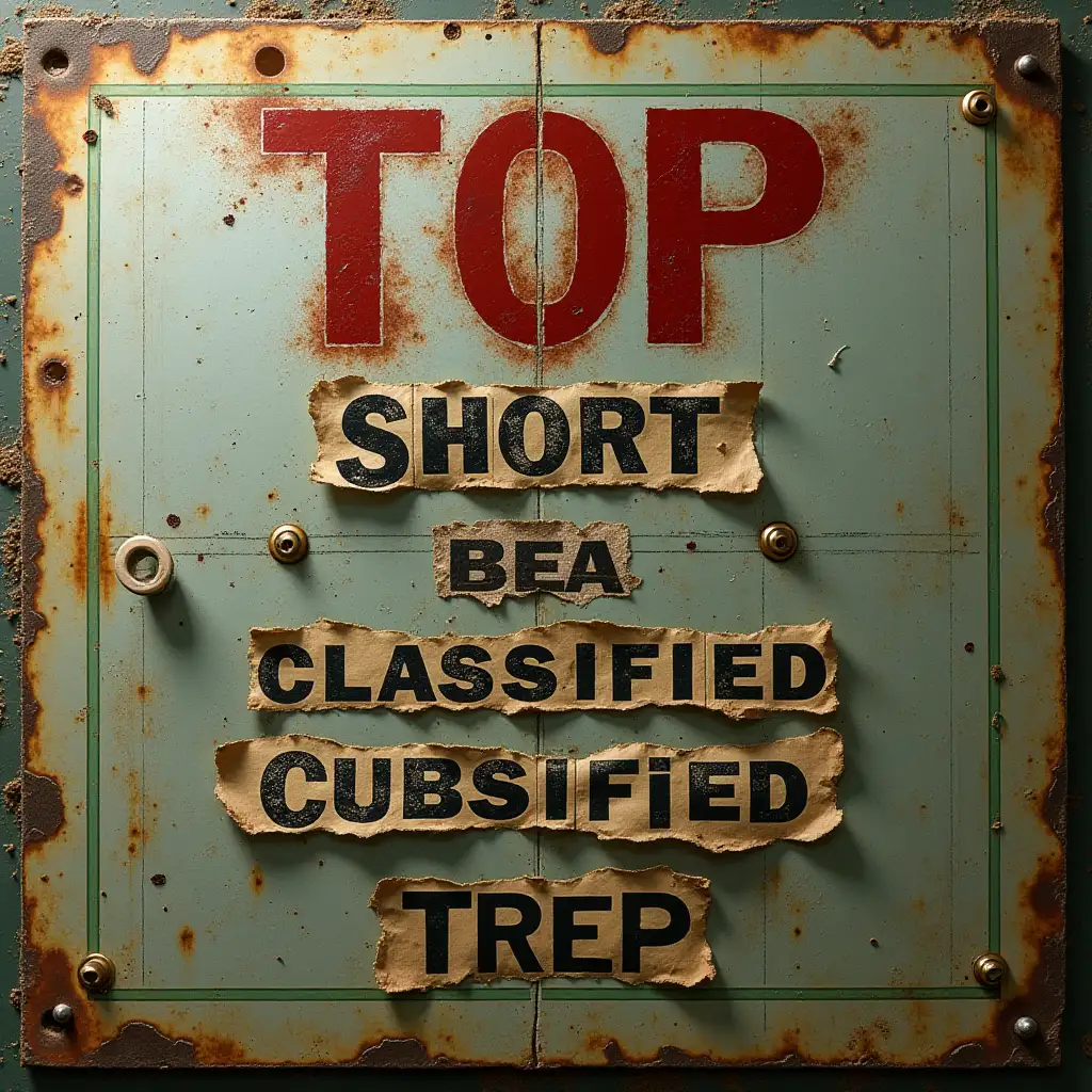 Ultra-detailed YouTube profile, military archive metal plate background with punched hole texture, hierarchical text arrangement: 'TOP' (large bloody), 'SHORT' (stencil), 'BEA' (typewriter), crossed-out 'CLASSIFIED', ink-smudged 'CUBSIFIED', slanted 'TREP'. Add green matrix grid, torn 'TOP SECRET' tape, bullet hole on 'O', coffee/blood stain, cinematic lighting, 8K, cyber-military aesthetic --ar 1:1 --v 6
