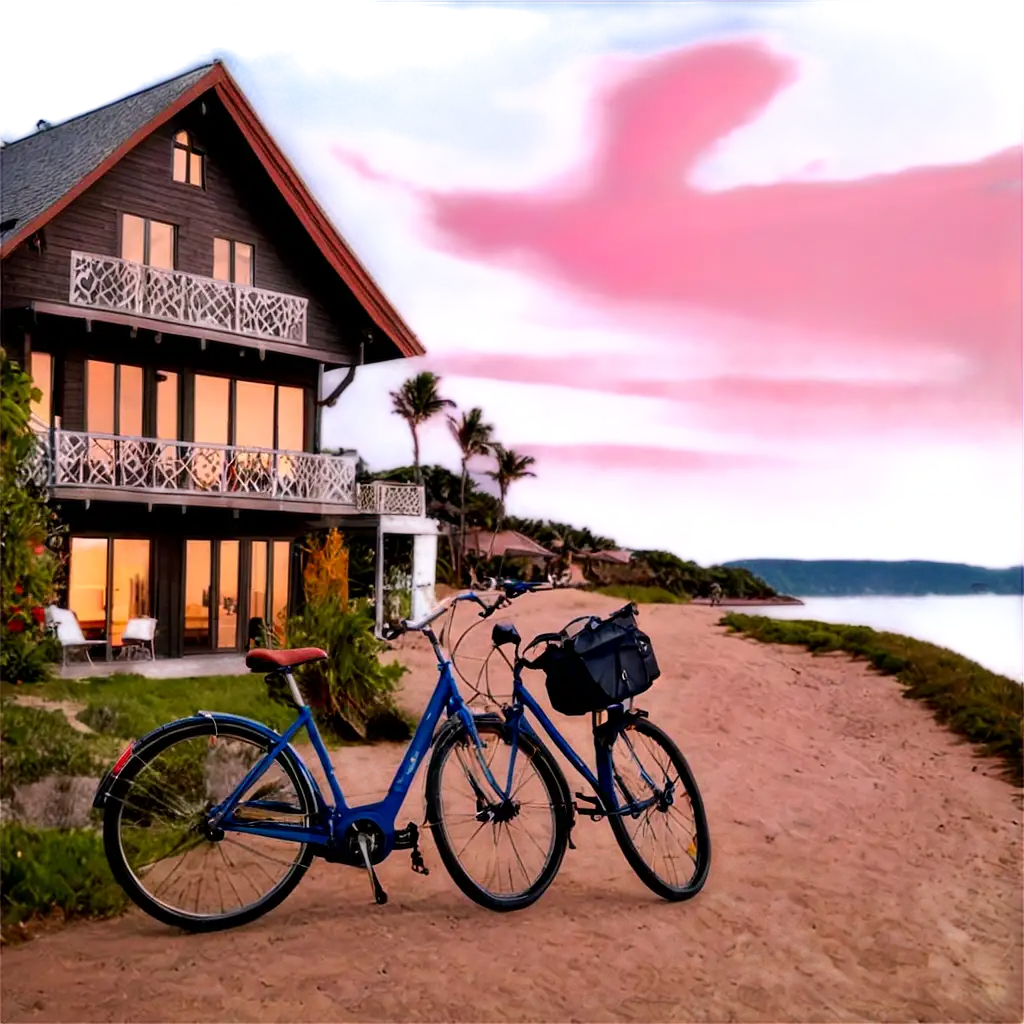 A beautiful photo of a house next to a blue beach with a bicycle outside the house and a beautiful sunset with a pink sky