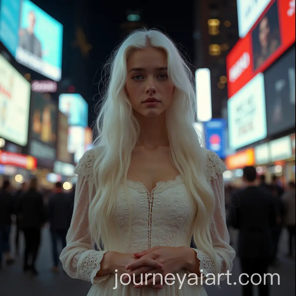 Young-Woman-in-Vintage-Lace-Dress-Standing-in-Times-Square-at-Night