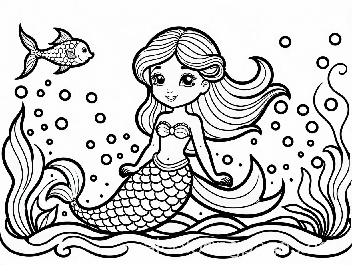 a cute mermaid. Coloring Page, black and white, line art, white background, Simplicity, Ample White Space. The background of the coloring page is plain white to make it easy for young children to color within the lines. The outlines of all the subjects are easy to distinguish, making it simple for kids to color without too much difficulty, Coloring Page, black and white, line art, white background, Simplicity, Ample White Space. The background of the coloring page is plain white to make it easy for young children to color within the lines. The outlines of all the subjects are easy to distinguish, making it simple for kids to color without too much difficulty