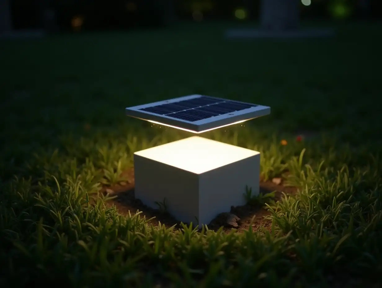 LED garden light, embedded in the ground, the LED light levitates in the air 5 centimeters from the ground while the base is embedded in the ground, there is no connection between the light and the base, it is floating, it is square, it looks technological, it uses solar panels to recharge its battery, it uses propellers to recharge the battery with wind energy, it is wireless