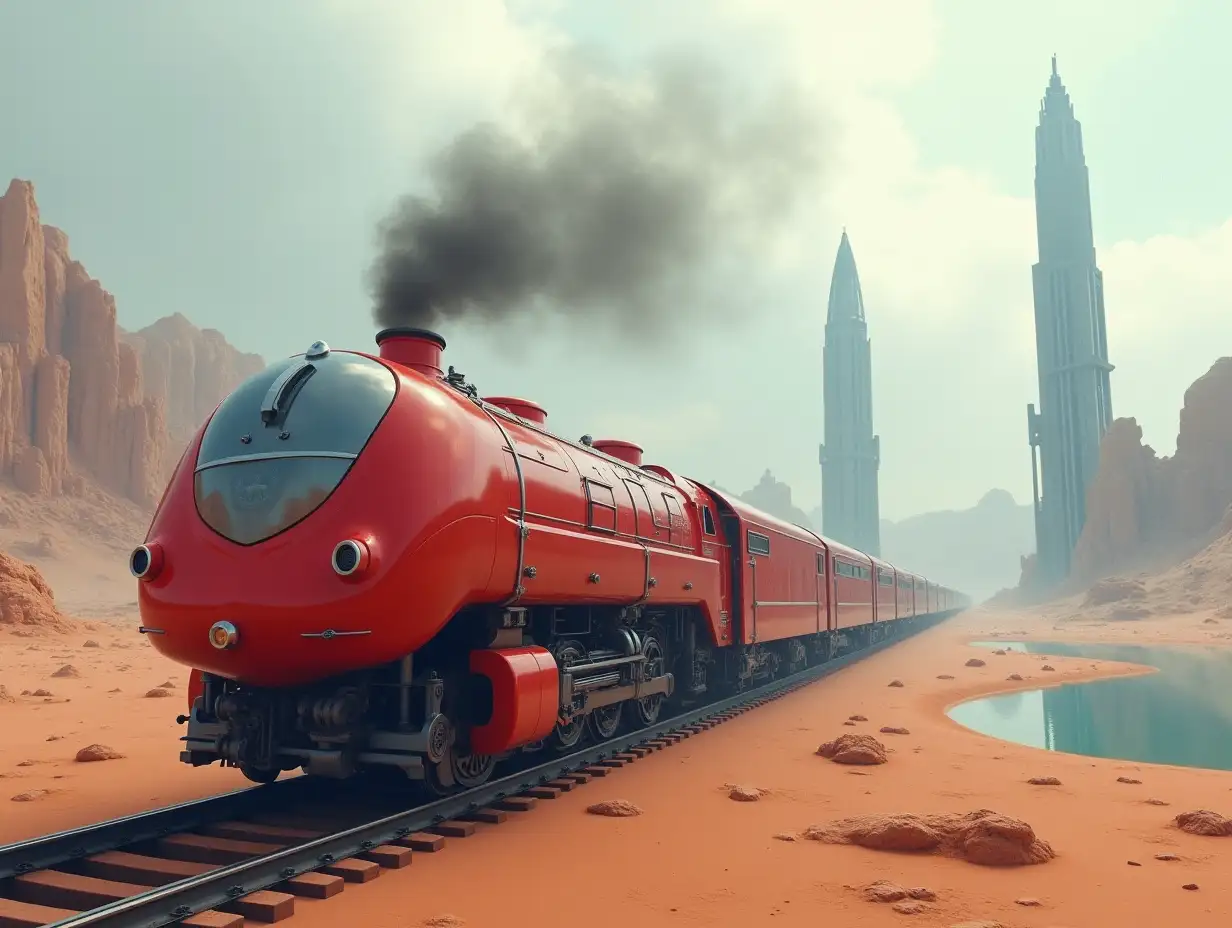 Create a high-resolution realistic image in 4k resolution: a futuristic red locomotive with silver details on tracks, with smoke rising up in the desert, with futuristic tall buildings on either side of two lakes and a cloudy sky