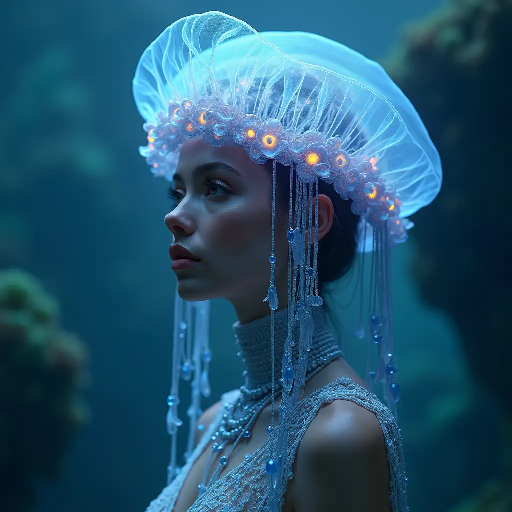 A woman in a headdress in the form of an oceanic jellyfish. With the gaze of beautiful eyes. In long multi-tiered beads with marine pendants. Mesmerizing, otherworldly, surreal mechanoluminescent fashion, stunning illustration in the style of detailed atmospheric thoughtful poses, in unusual dynamics, digital painting, translucent optics, elegant, in the style of National Geographic, on a blurred futuristic background, 4k