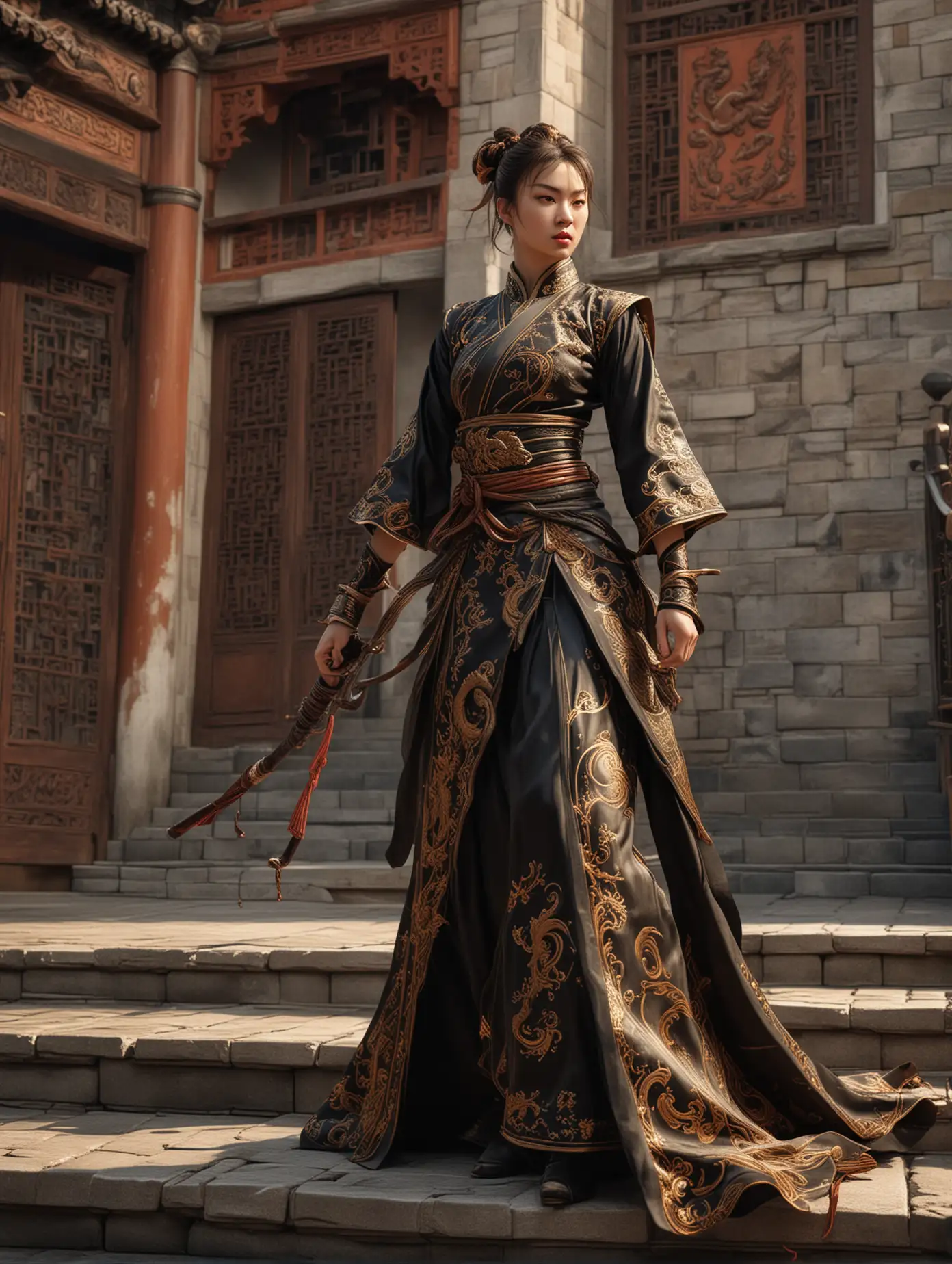 Dynamic-Chun-Li-in-Chinese-Queens-Dress-with-Dragon-Pattern-and-Whip-on-Castle-Stairs