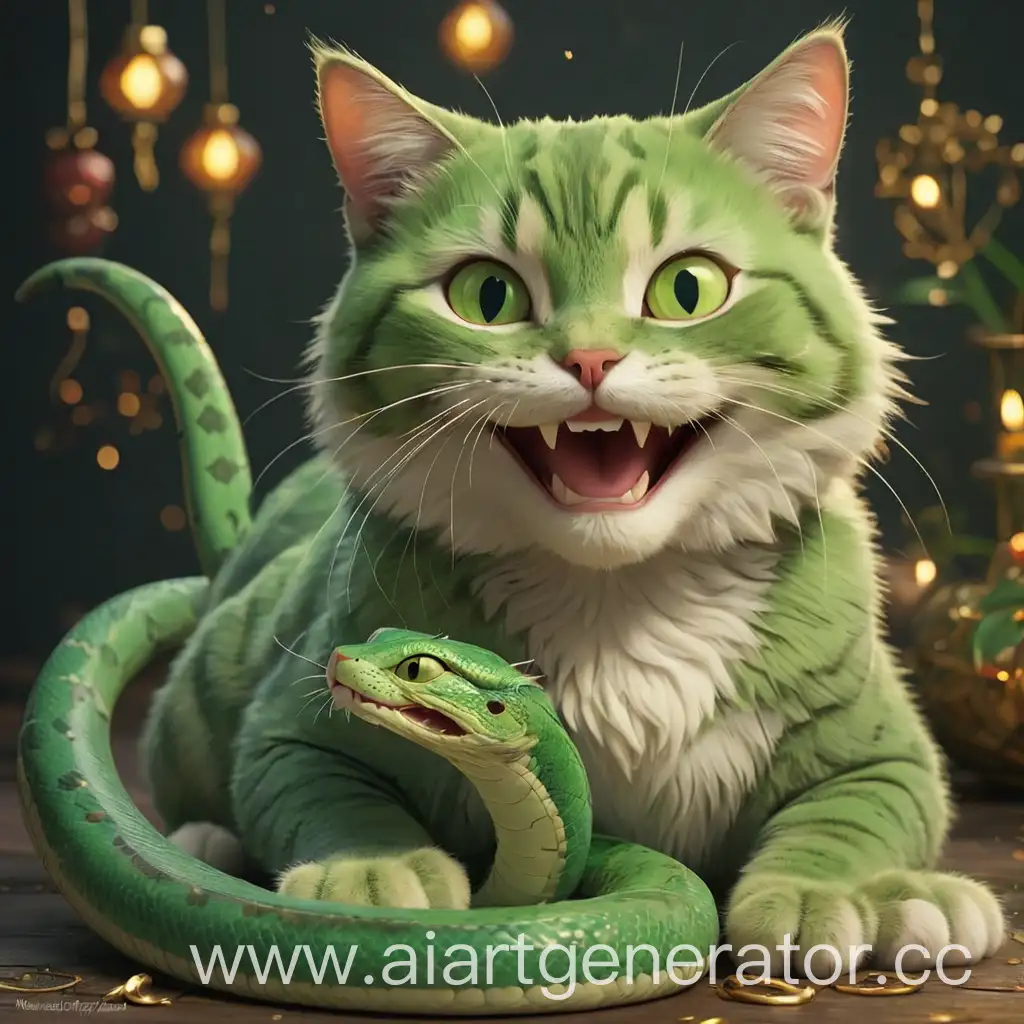 Smiling Cat & Green Snake celebrate Happy New Year