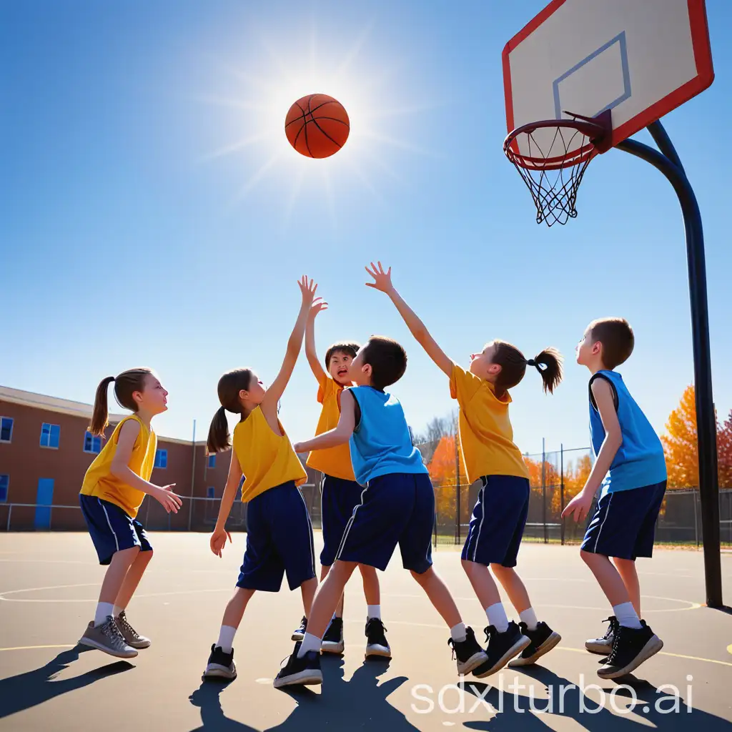 Blue sky, a group of elementary school students playing basketball on the playground