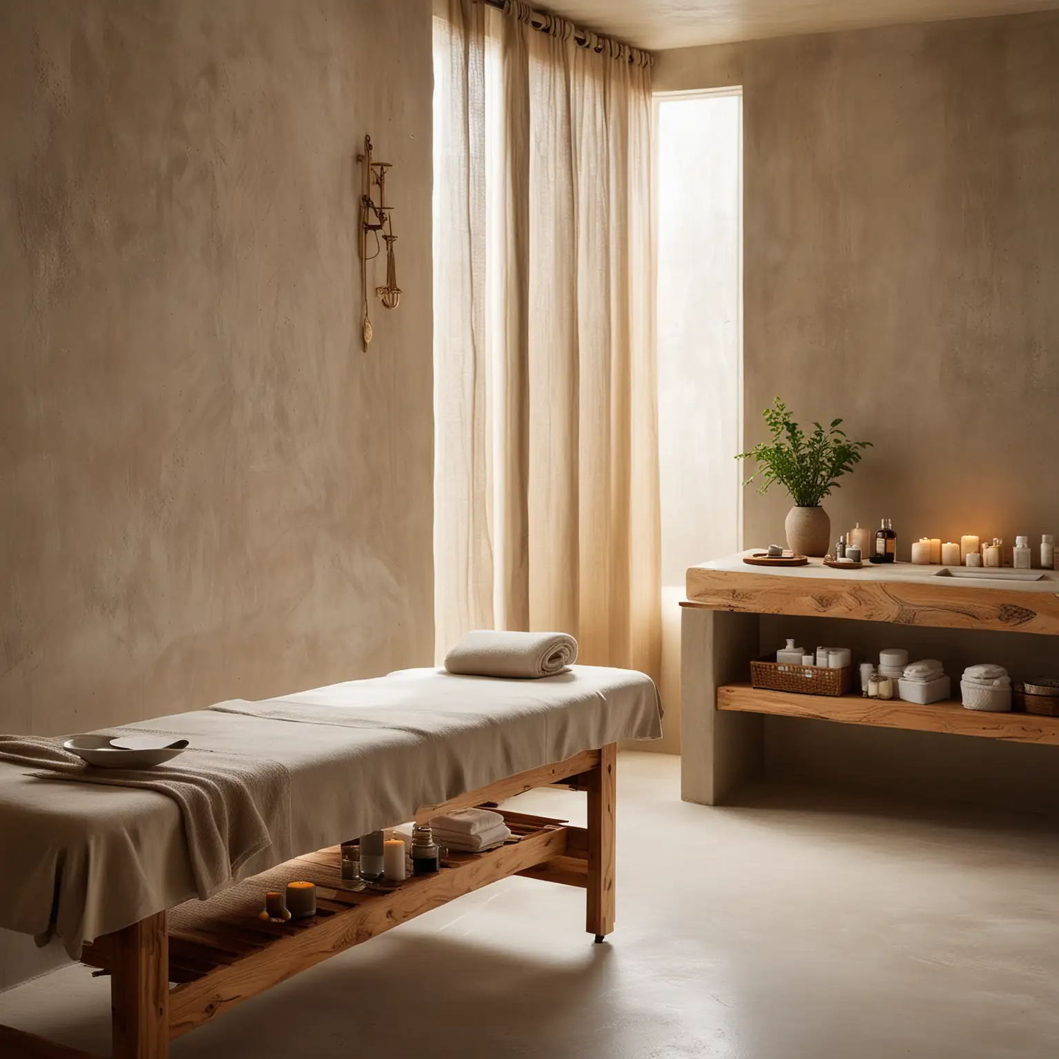 close-up shot of the massage table in a simple, minimalistic yet modern spa salon, serene atmosphere, soft diffused light creating ambient glow, organic rough texture plastered concrete finished walls, clean soft warm colors, sophisticated spa devices, skincare products on shelves, sink basin, relaxation and wellness space with sheer curtains filtering the light, natural wood accents for warmth and texture, live-edge wood furniture for an organic feel