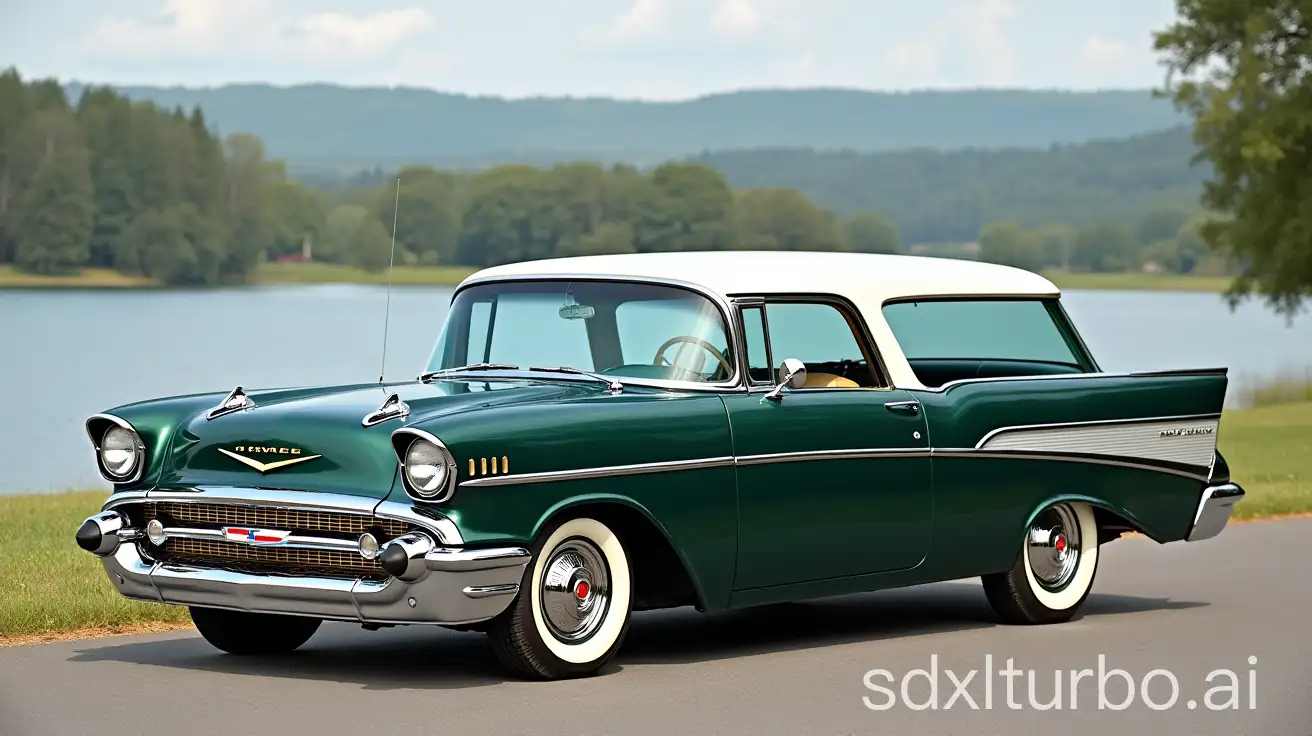 1957-Chevrolet-Nomad-Dark-Metallic-Green-with-White-Top-at-the-Lake