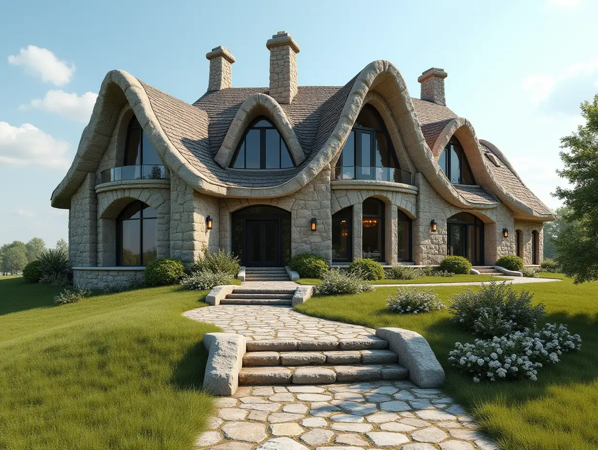 KI Quadratic House In the prairie very large gardens, stone carvings large windows with glass, curved, rough window shapes, winding two large entrance steps made of stone, 4K resolution colorful super wide-angle shots