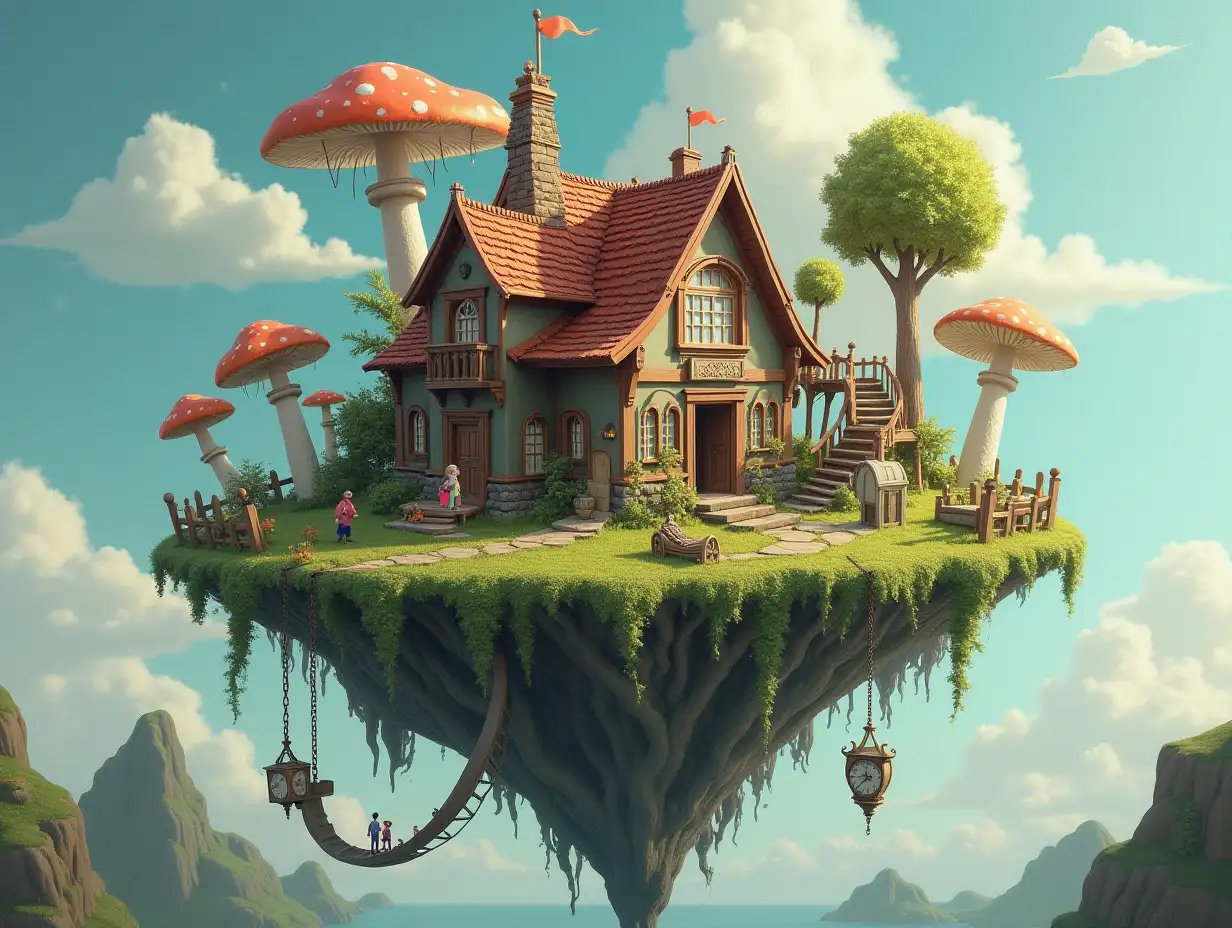 A magical floating island house with tiny people, giant steps and bridge, clocks and mushrooms and tiny people art