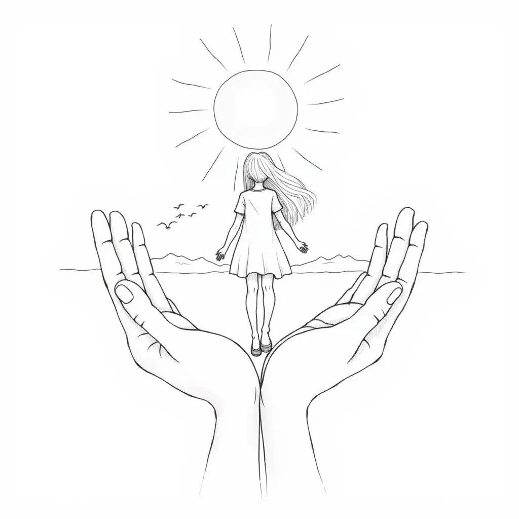 Hands-Supporting-a-Young-Girl-with-a-Radiant-Sun-and-Peaceful-Landscape