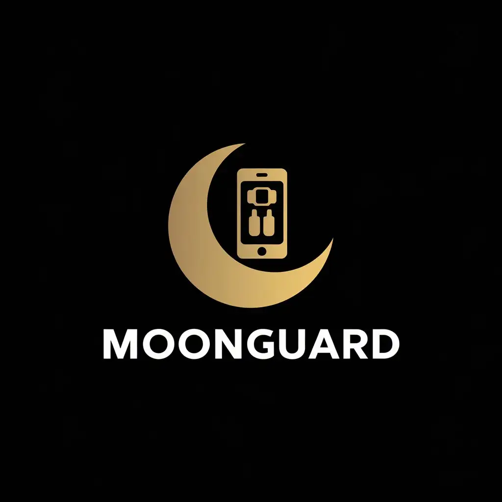 LOGO-Design-for-MoonGuard-Minimalist-Golden-Crescent-Moon-and-Phone-with-Accessories-on-Black-Background