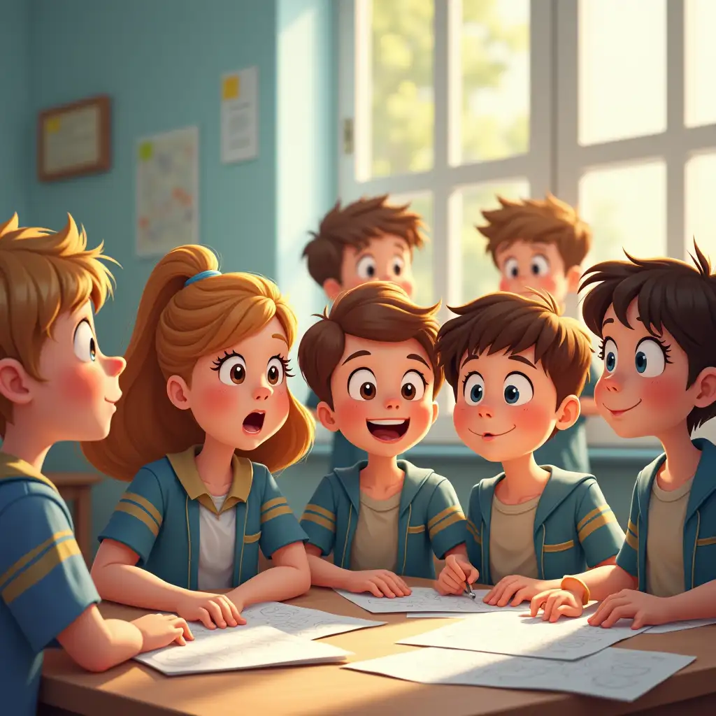 Image with characters. Children at school participating in a contest