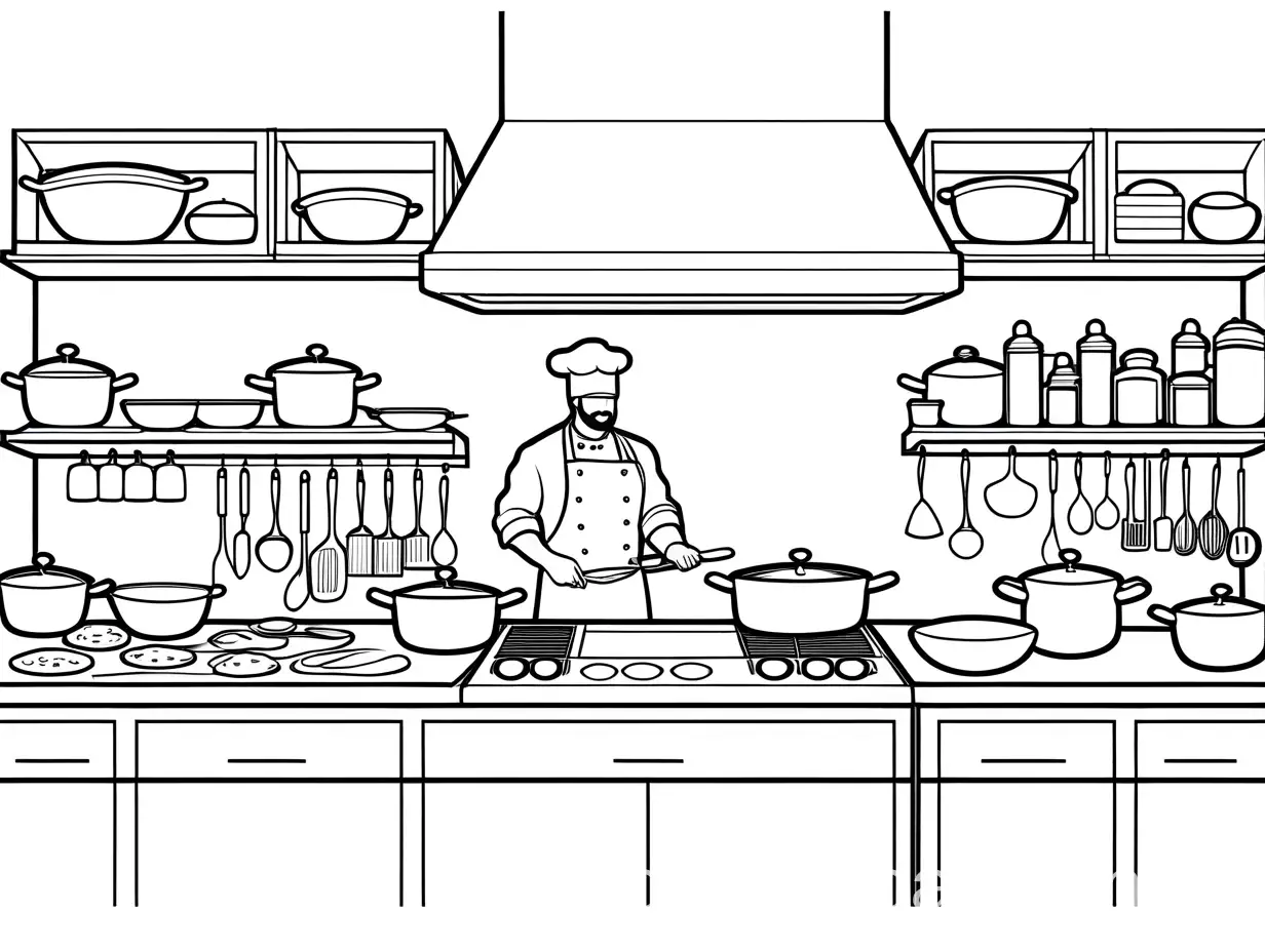 A chef is cooking, Coloring Page, black and white, line art, white background, Simplicity, Ample White Space. The background of the coloring page is plain white to make it easy for young children to color within the lines. The outlines of all the subjects are easy to distinguish, making it simple for kids to color without too much difficulty