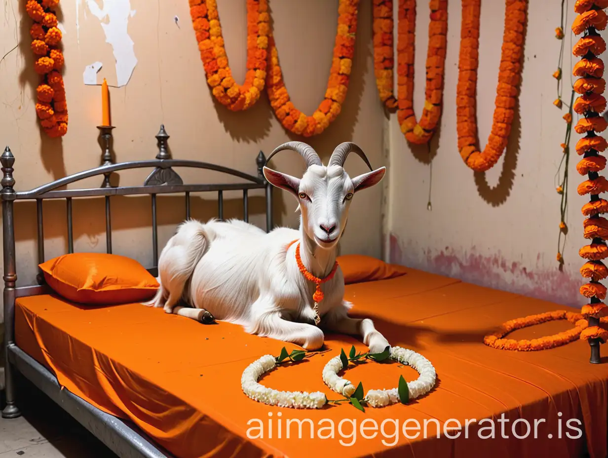 in an Indian Hindu ashram in a room on a bed a orange bedsheet is there, a broken flower garland, a a metal glass, the bed is wet, and a goat is standing beside the bed