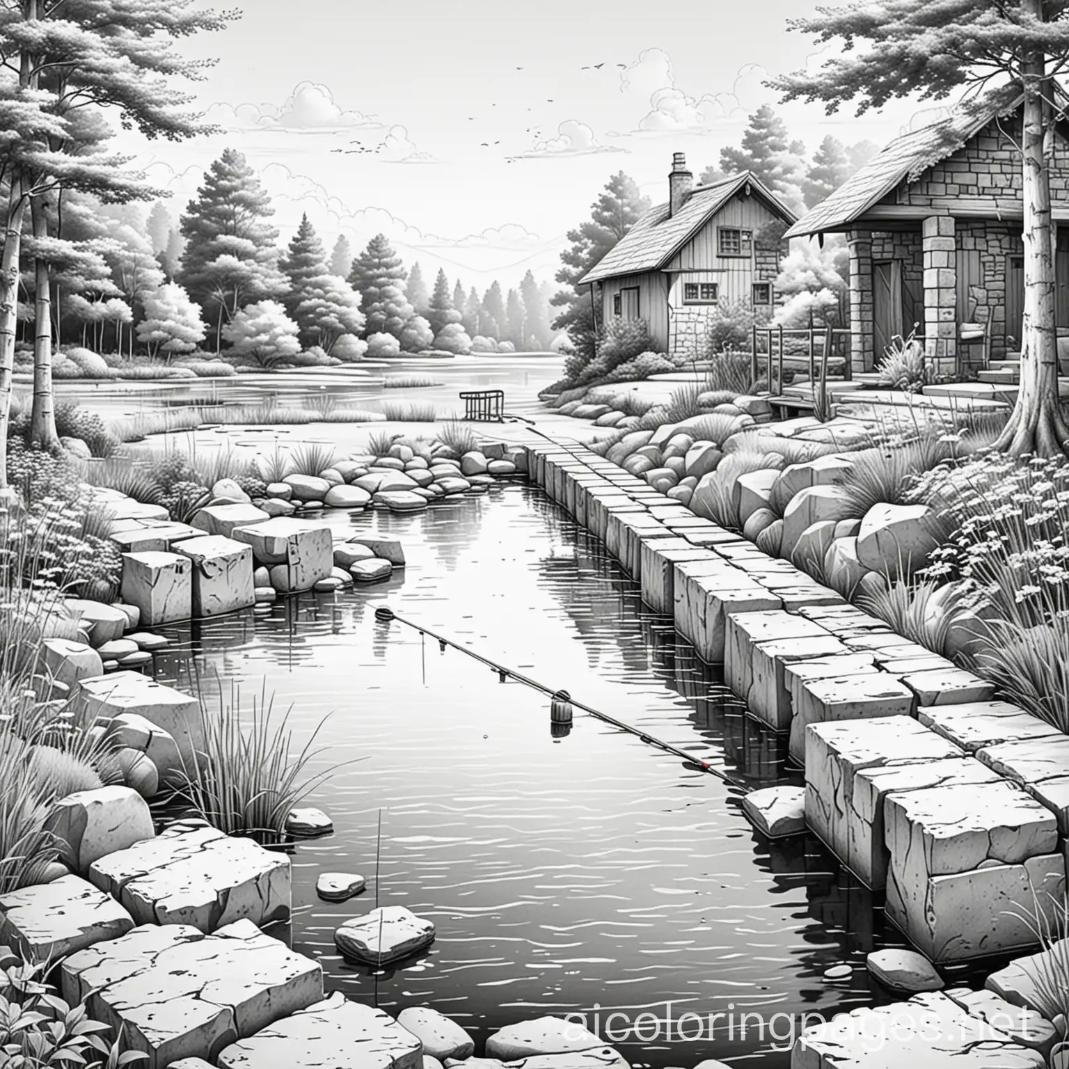 Anime-Pond-Coloring-Page-with-Dock-and-Fishing-Poles