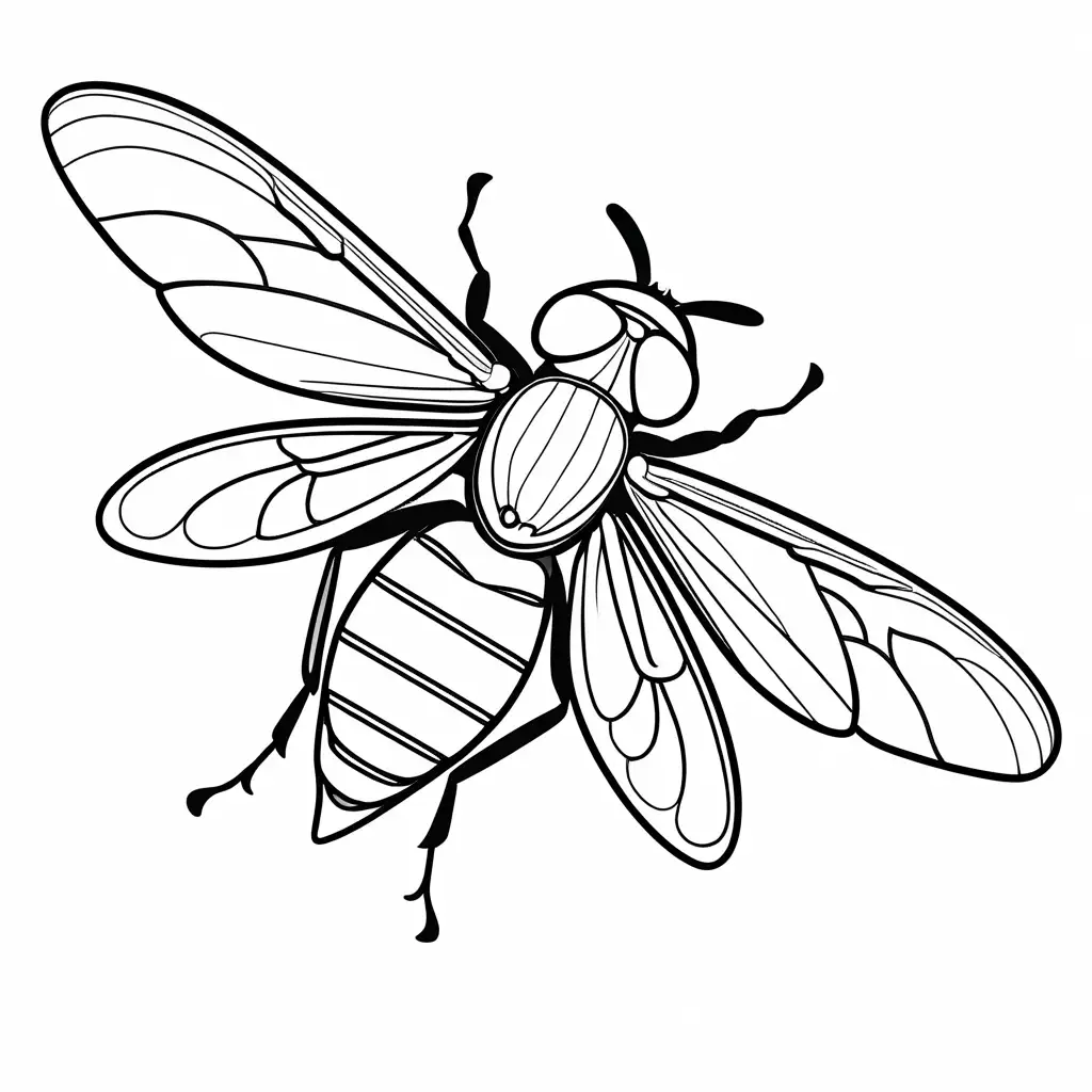 Fly, Coloring Page, black and white, line art, white background, Simplicity, Ample White Space. The background of the coloring page is plain white to make it easy for young children to color within the lines. The outlines of all the subjects are easy to distinguish, making it simple for kids to color without too much difficulty