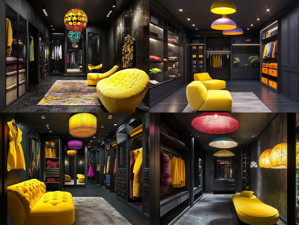 Eclectic-Modern-WalkIn-Dressing-Room-with-Bright-Yellow-Furniture-and-Illuminated-Architecture