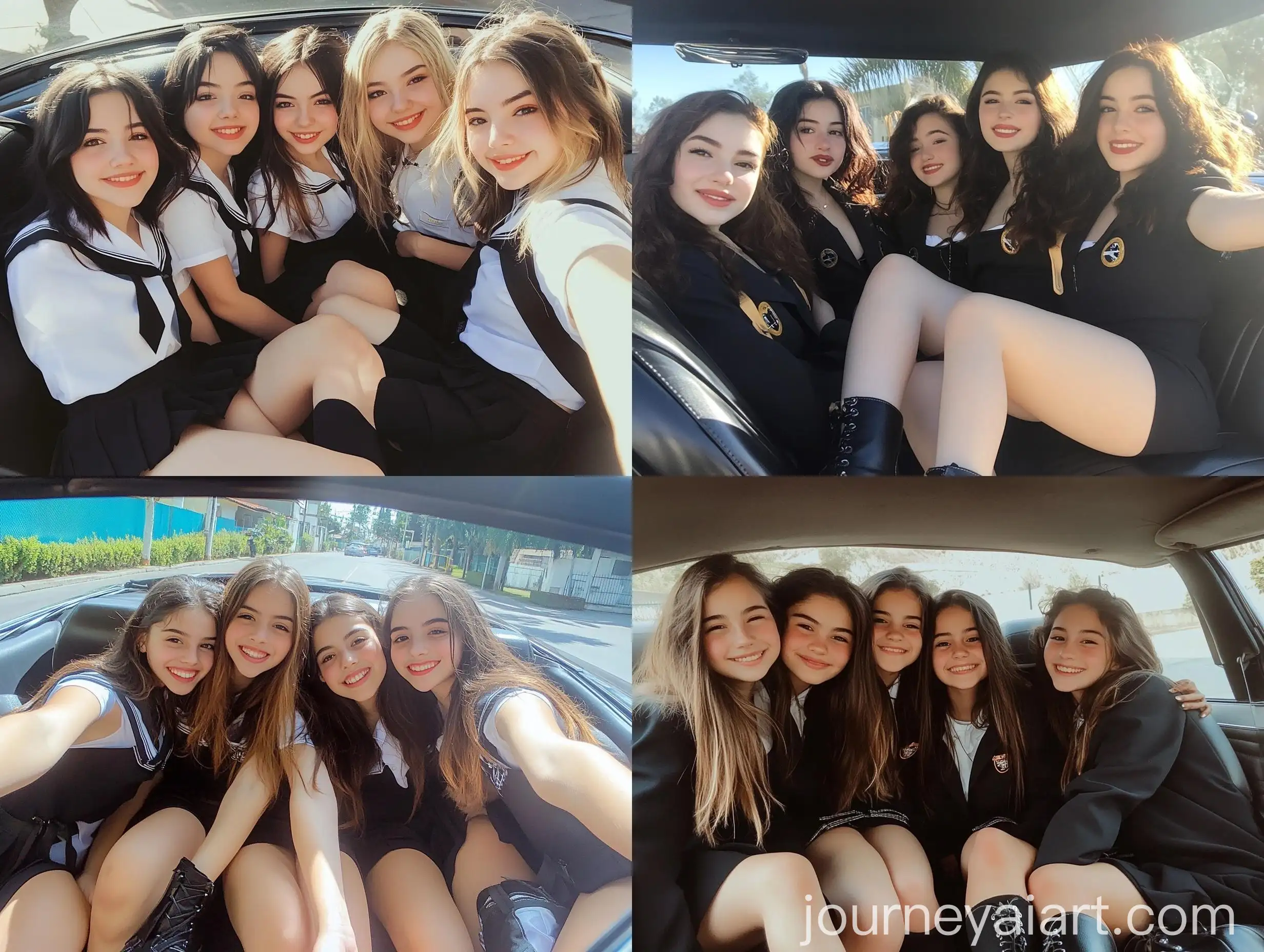 Five-Girls-in-Black-School-Uniforms-Taking-Selfies-in-Convertible-Car