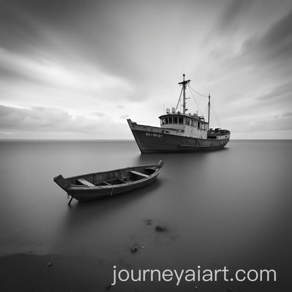 Wrecked-Boat-Sunken-in-the-Sea-with-Cloudy-Sky-Black-and-White-Long-Exposure