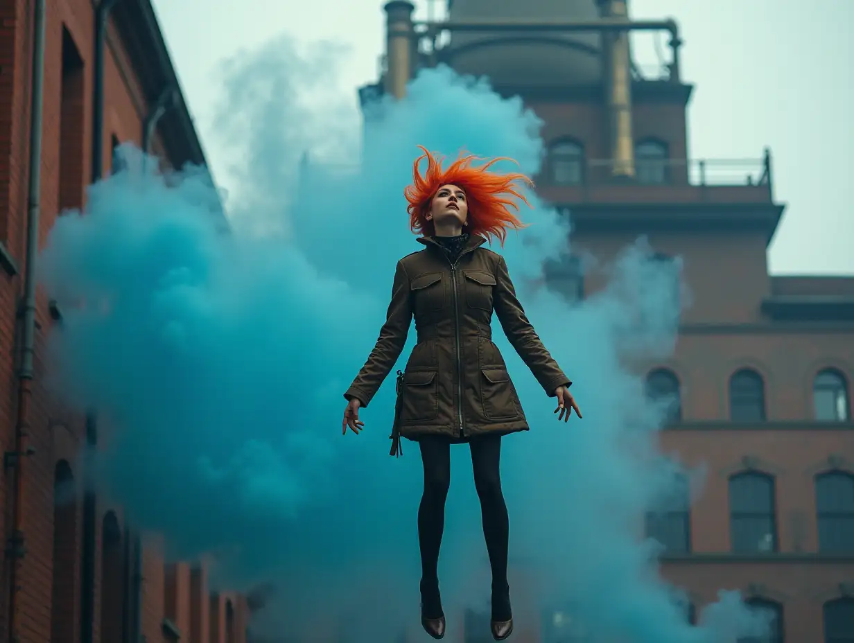 Steampunk, red-haired girl floats in the air, blue smoke swirls around, industrial building made of red brick and metal pipes can be seen in the distance