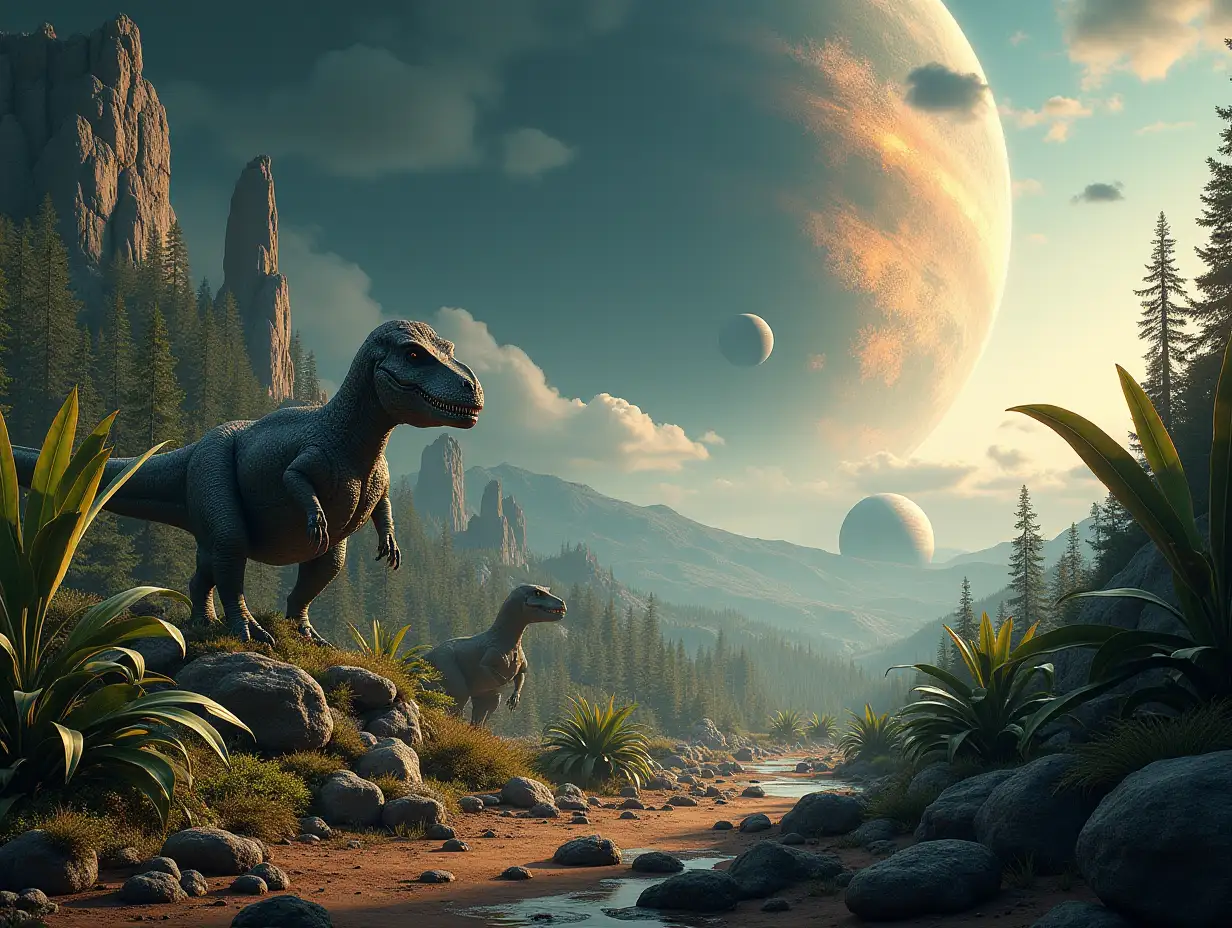 AI of foreign planets with foreign plants with dinosaurs in a 4K resolution