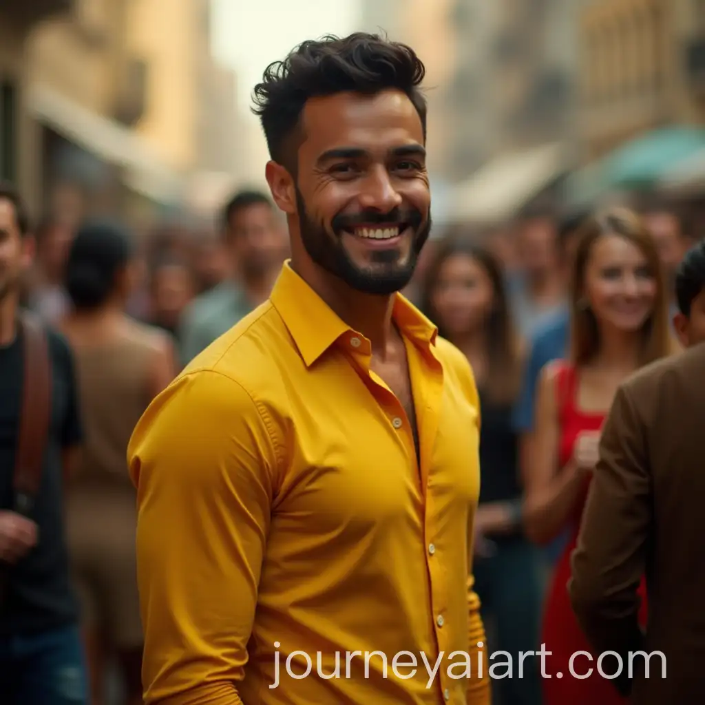Confident-Man-in-Golden-Shirt-Surrounded-by-Admirative-Crowd