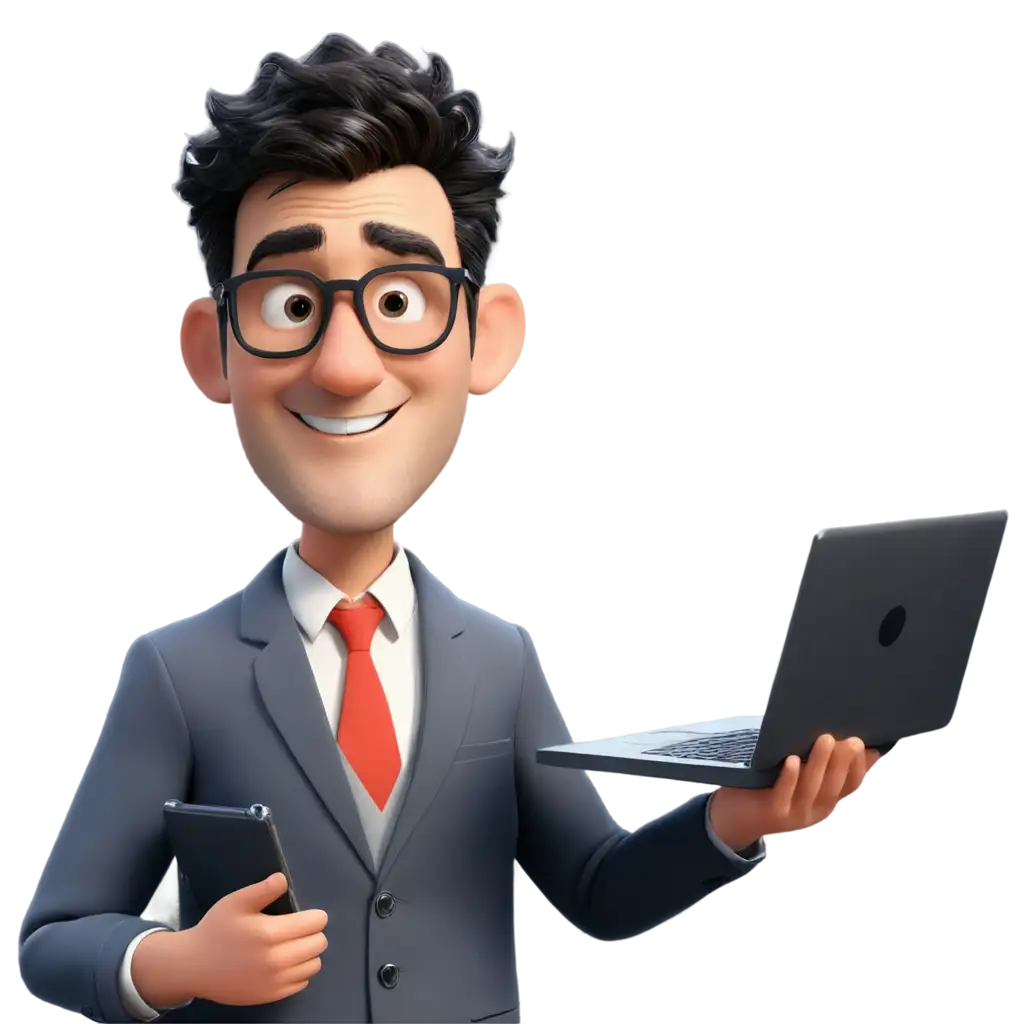 Animated-Male-Teacher-with-Mole-on-Left-Eyebrow-Holding-Laptop-PNG-Image