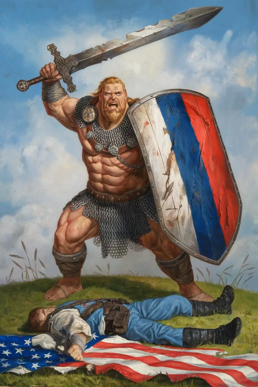 A large Slavic warrior with a large sword and a large shield, on the shield the flag of Russia with stripes of white blue and red colors, a warrior in a warning pose raised a sword, athletically developed, developed muscles, in chain mail, beard, blond hair, mighty, under the feet of a warrior a torn and dirty US flag, rags from the US flag, a defeated NATO soldier lies on the grass, the strength and power of a Slavic warrior, on a grassy hill, light blue sky, white clouds in detail, realistic oil painting on canvas