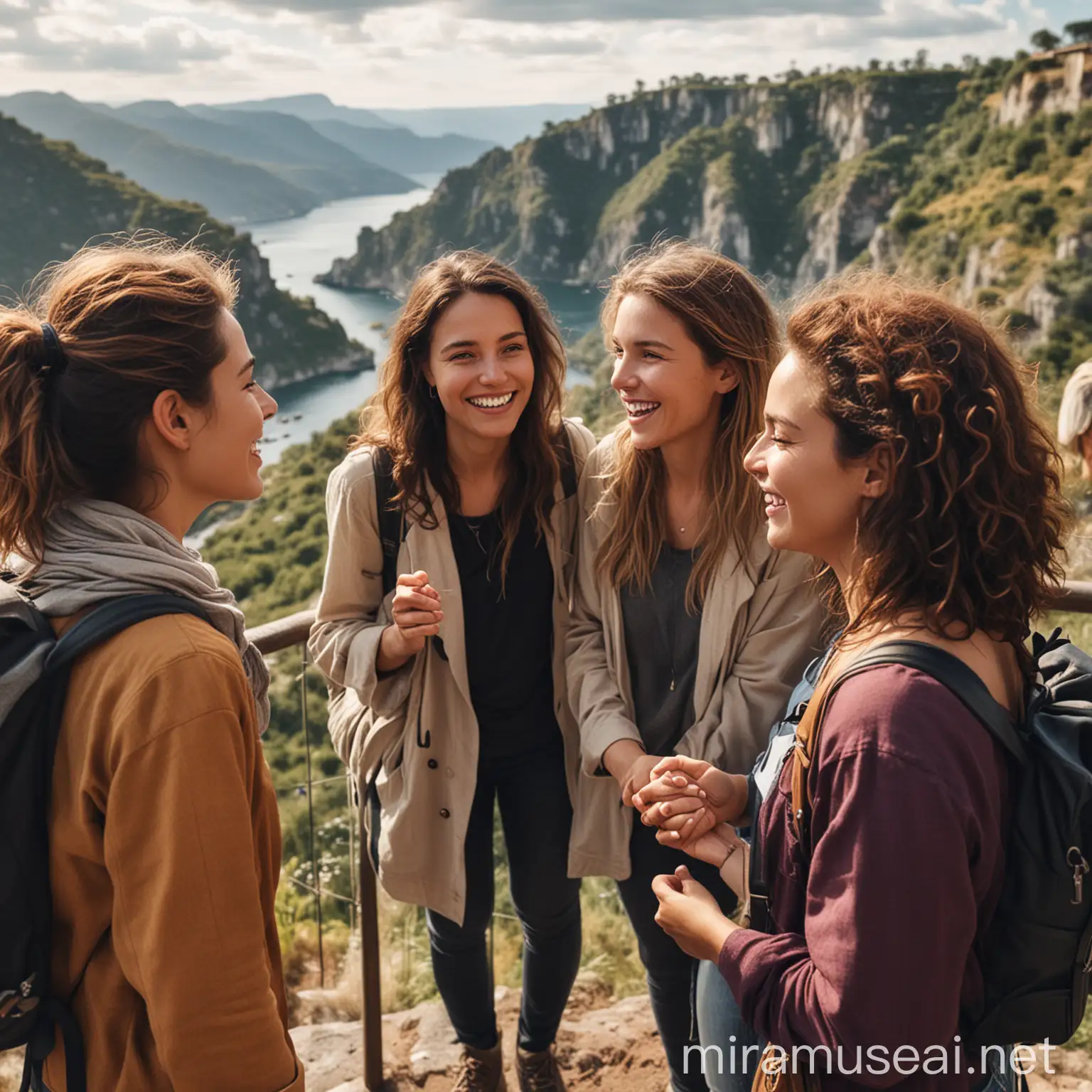 Group of Female Travelers Enjoying Scenic Viewpoint Together