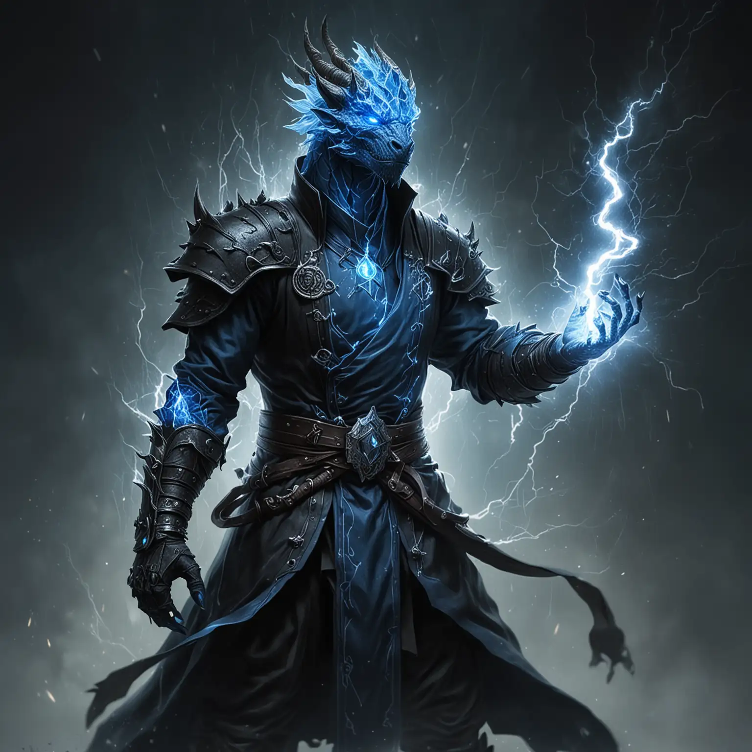 Monk Dragonborn Manipulating Lightning in Black Coat