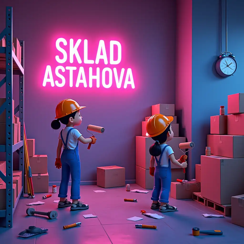 The warehouse is preparing for opening. Opposite the wall with the neon sign 'SKLAD ASTAHOVA'. A cartoon girl and a cartoon boy worker in bright orange helmets are finishing up repairs. The girl is painting the right wall with a roller in her hand, and the boy is putting boxes on the shelf. Tools, materials and equipment are scattered around, but despite the visible chaos, there is order and organization. Style of animation, pink, purple, blue neon.