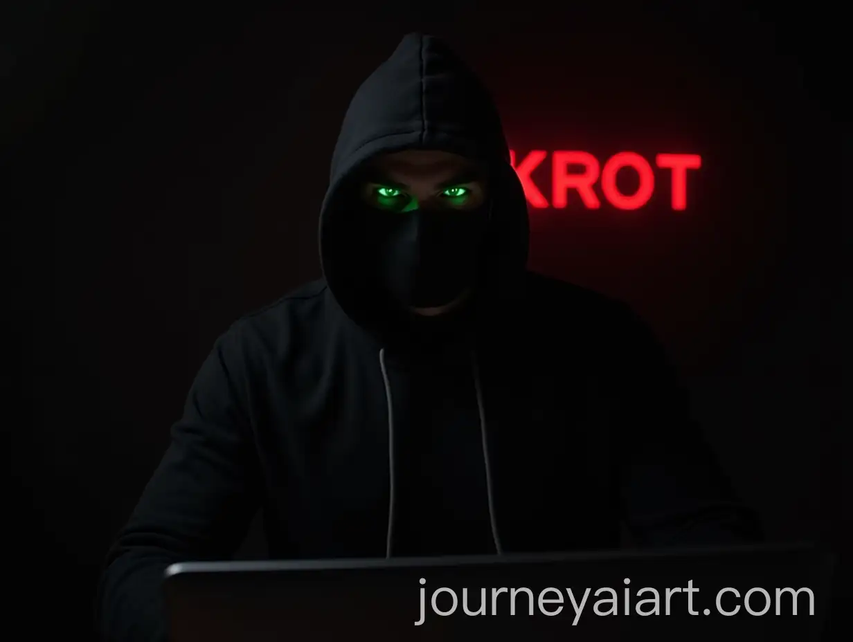 Buff-Guy-in-Black-Hooded-Suit-with-Mask-Sitting-in-Front-of-Computer-with-Glowing-Krot-Sign