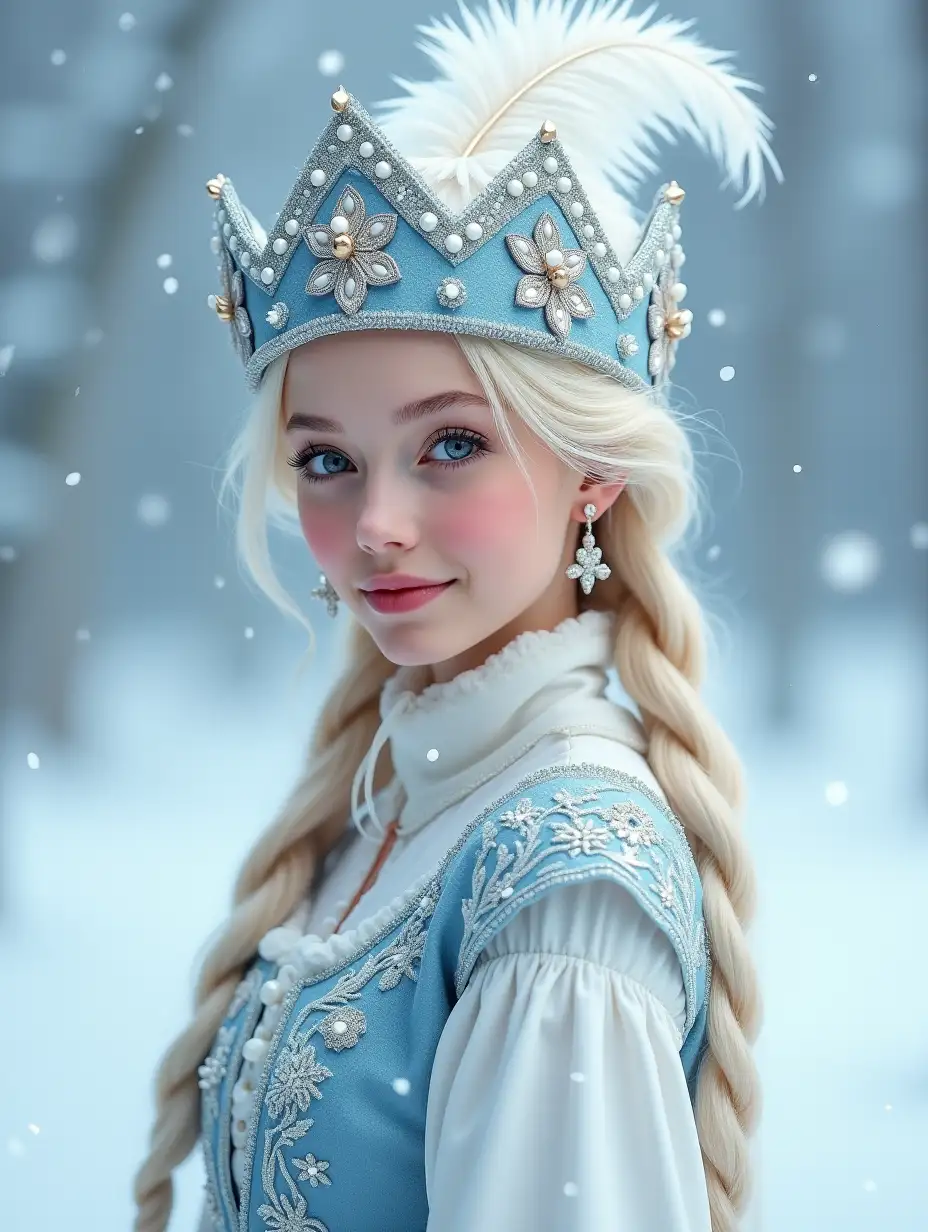 Snow maiden. Photorealistic portrair. She is wearing a stunning white dress with blue inserts, complemented by an unusual matching crown hat. The hat itself with a large white feather, decorated with small white beads, is admirable. Her long blonde hair is braided in two long braids. Her gaze is half-smiling at the camera. Her outfit and snow-covered background resemble a scene from a fairy tale or a winter wonderland. Hyperdetelized. The background is made in calm light blue tones, a landscape with snowflakes scattered everywhere, emphasizing the winter theme. The style of the painting resembles traditional Russian folk,  it is characterized by bright colors and intricate detailing. The use of light blue tones throughout the image gives it a dreamy, ethereal character. A masterpiece