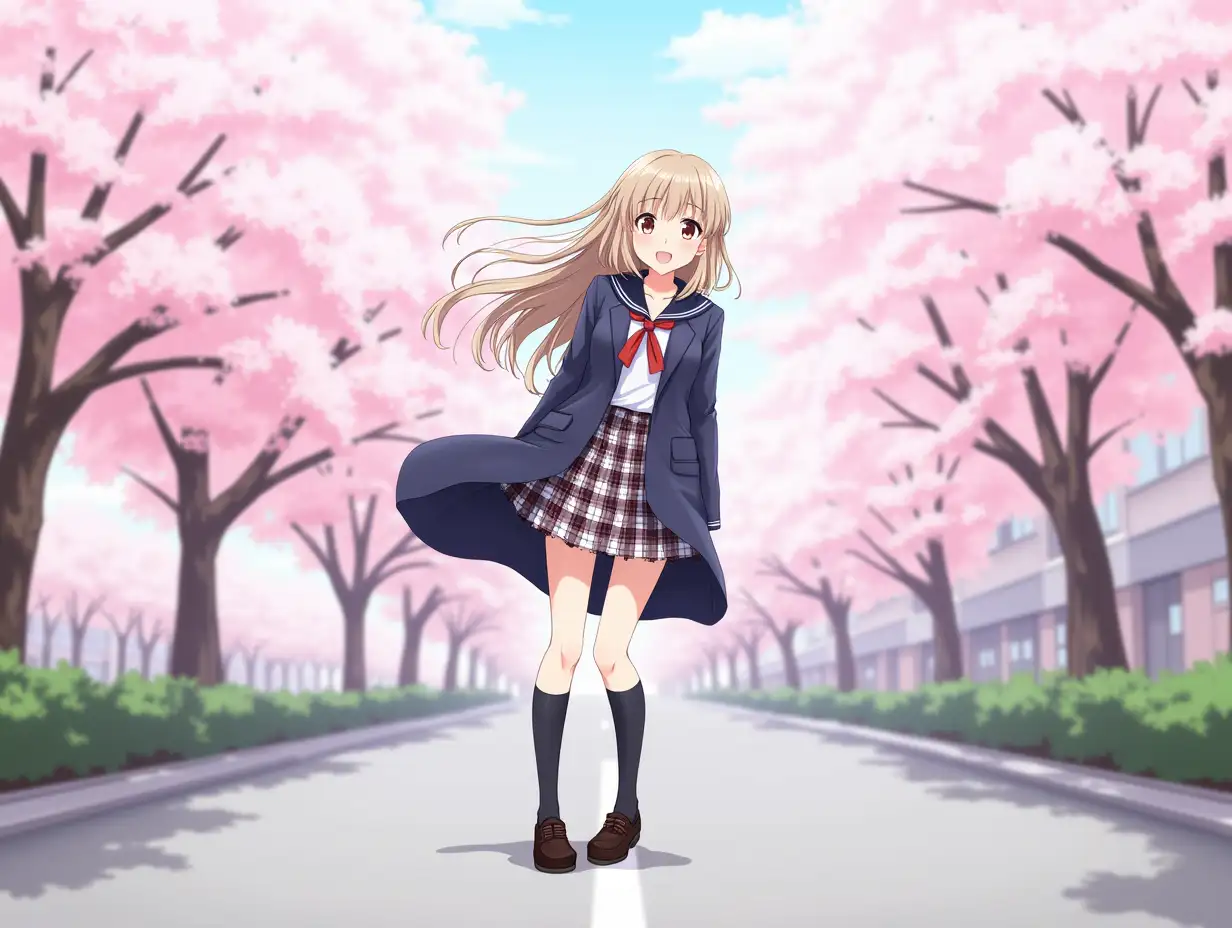 A young female student with a sailor suit is standing on a street lined with cherry blossom trees. She wears a navy coat and shirt, matched with a checked miniskirt, black socks and shoes. The background is spring cherry blossoms, the trees on both sides of the road form a pink tunnel. Her long hair flows in the wind, the scene is full of youthful vitality and spring atmosphere.