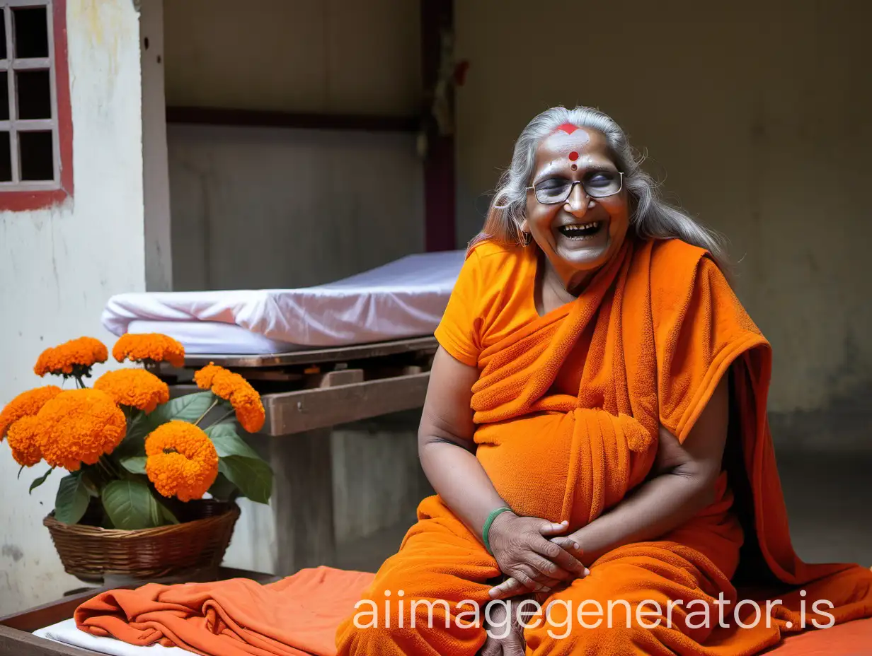 Happy-Mature-Hindu-Woman-Monk-Pregnant-in-Ashram-with-Gifts-and-Goat