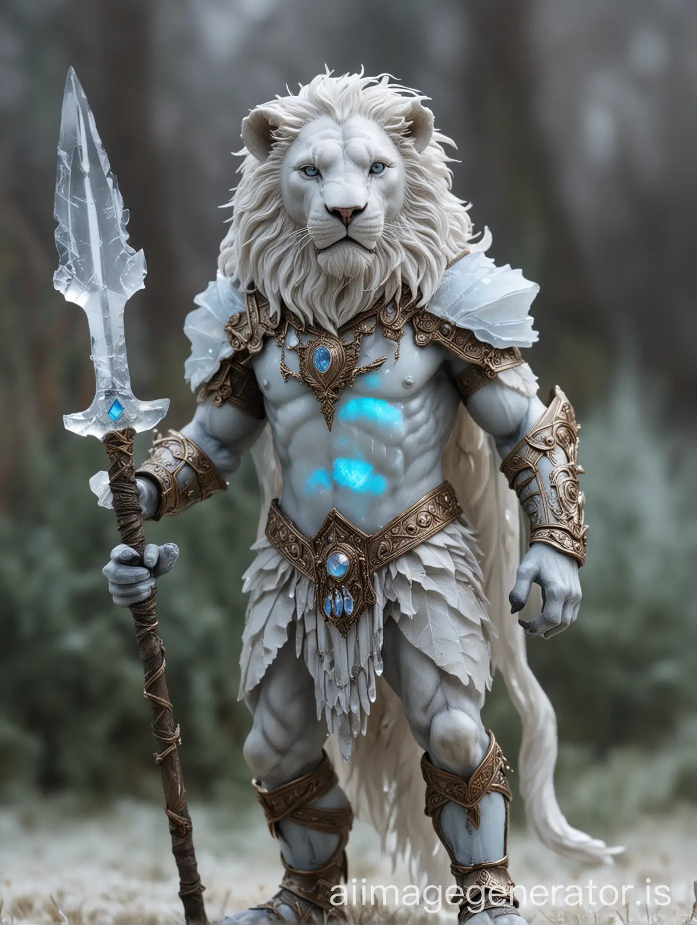 Anthropomorphic lion warrior holding an opalite tipped spear that deals frost damage.