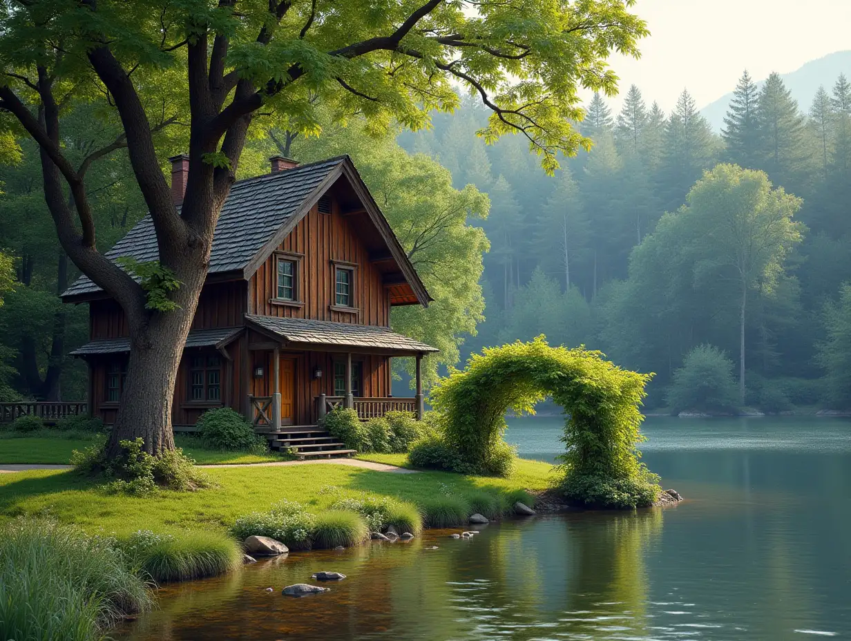 Wooden house by the river. Pine forest in the background. Near the house, a tree maple, arbor covered with grapes.